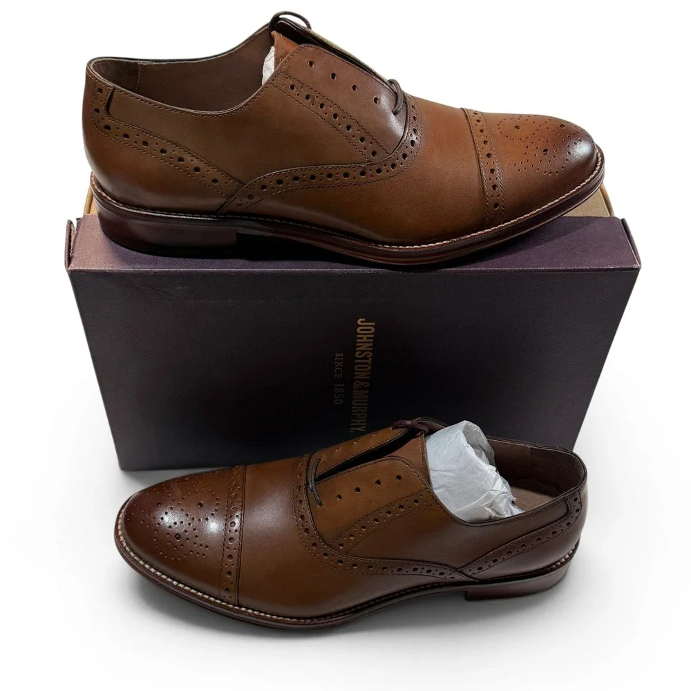 Johnston & Murphy Conard Tan Calfskin Leather Cap Toe Brogue Oxford Shoes 9 M